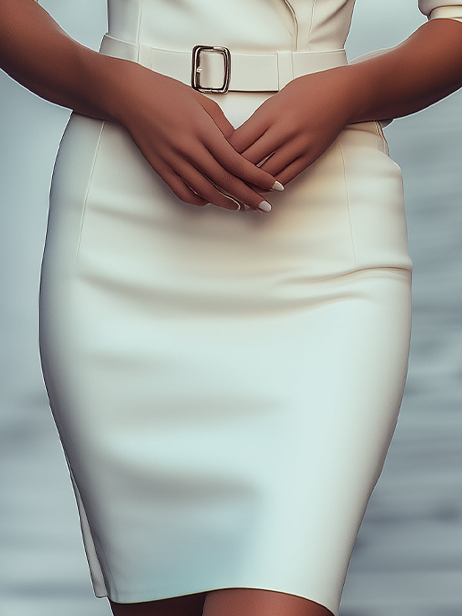 Elegant Tailored White Belted Blazer - Mini Dress