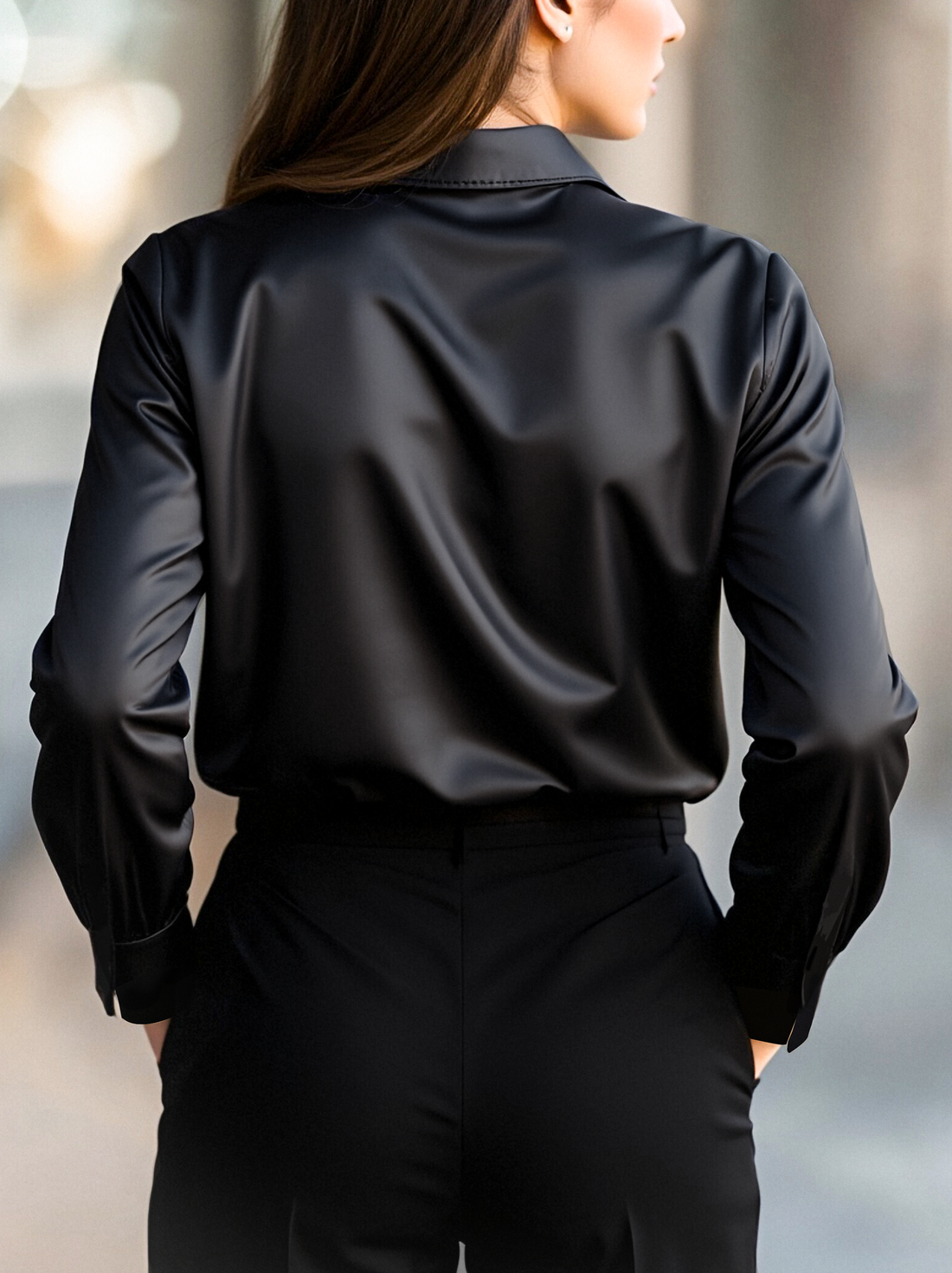 Elegant Black Satin Long-Sleeve Top - Blouse