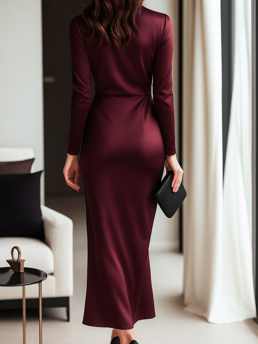 Burgundy Satin Wrap with Waist Tie Detail - Wrap Dress