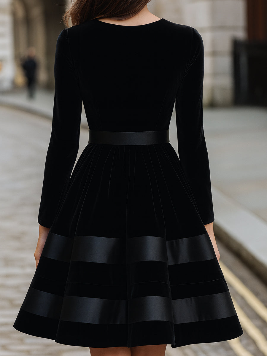 Black Velvet Satin-Striped Fit-and-Flare - Mini Dress