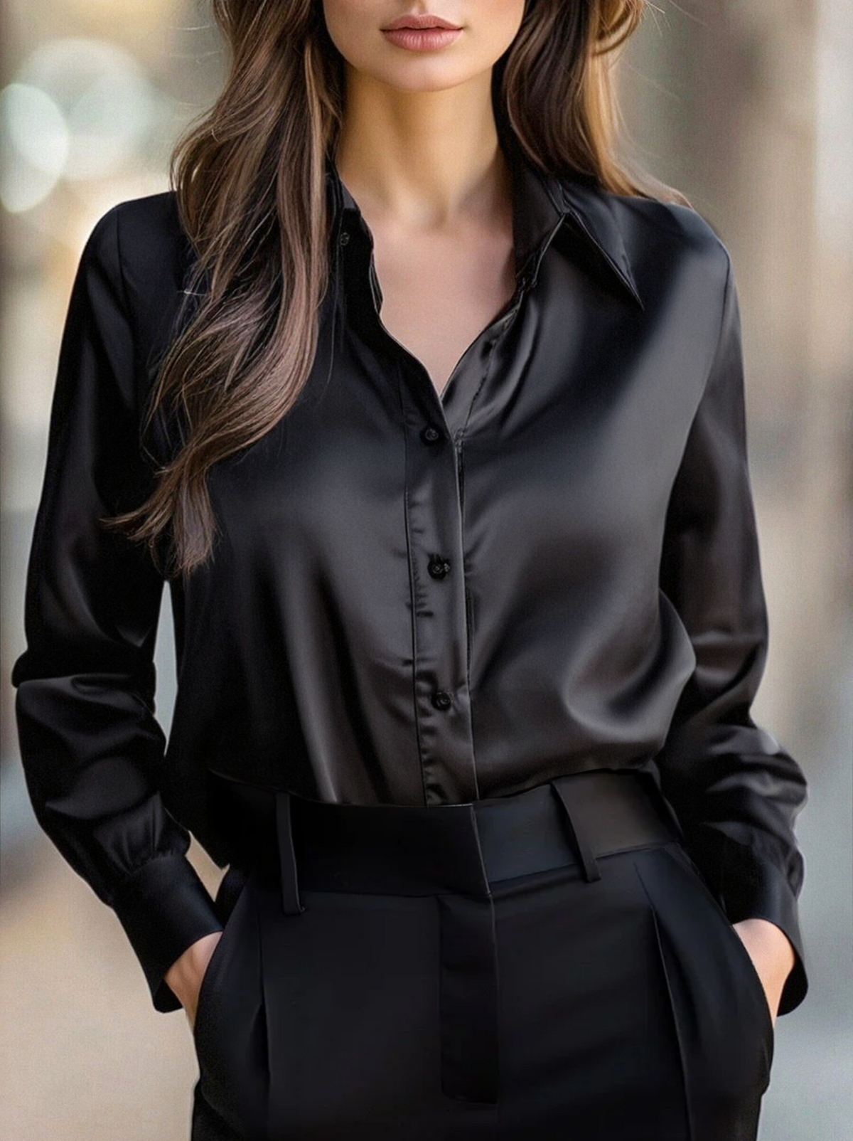 Elegant Black Satin Long-Sleeve Top - Blouse