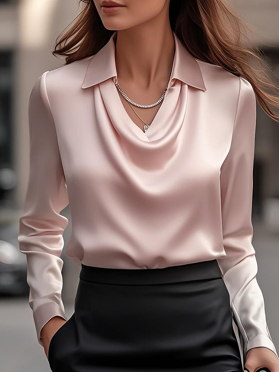 Elegant White Satin Draped Neckline - Women's Blouse