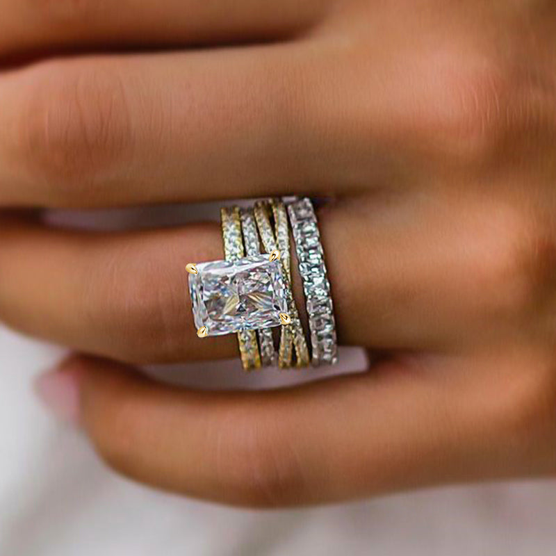 4pcs Classic Golden Tone Radiant Cut Sterling Silver Bridal Set with Two Tone Band Shineofdiamond