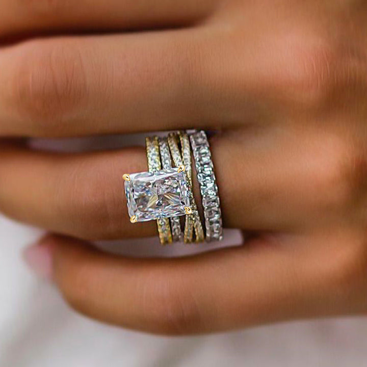 4pcs Classic Golden Tone Radiant Cut Sterling Silver Bridal Set with Two Tone Band Shineofdiamond