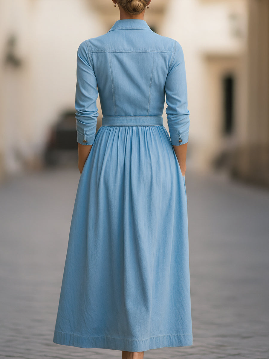 Classic Belted Denim Shirt Dress With Full Skirt - Midi Dress