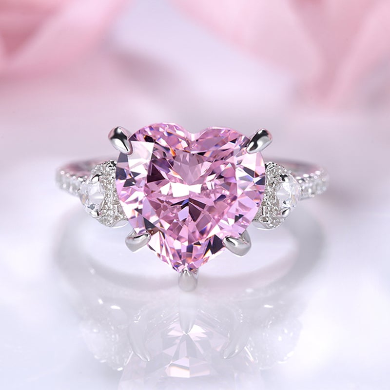 Romantic Pink Gemstone Heart Cut Sterling Silver Engagement Ring Shineofidamond