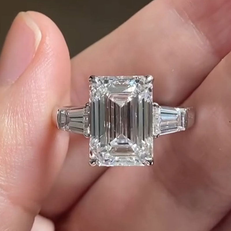 Classic Three Stone Emerald Cut Sterling Silver Engagement Ring Shine of Diamond