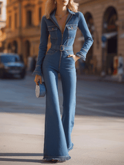 Denim Belted Flared-Leg - Jumpsuit
