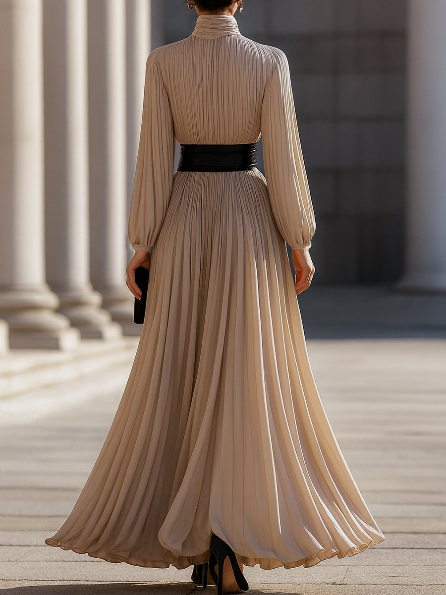 Pleated High-Neck Flowy Chiffon - Maxi Dress