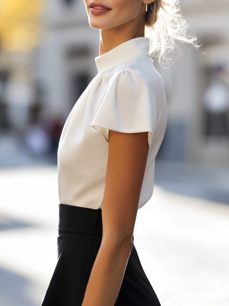 Pleated High-Neck Satin Long-Sleeve Officewear - Blouse