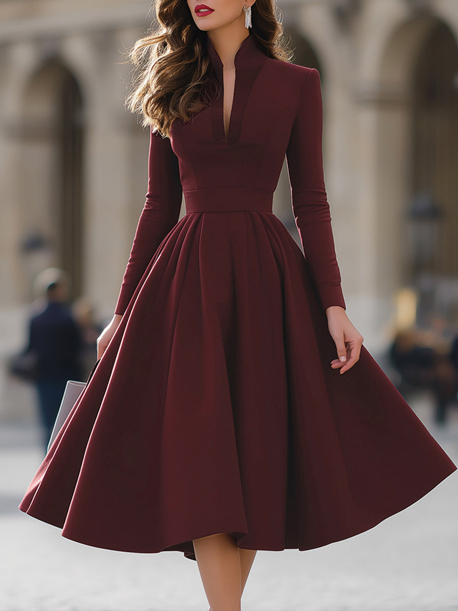 Burgundy V-Neck Full-Skirt Midi Dress XYS