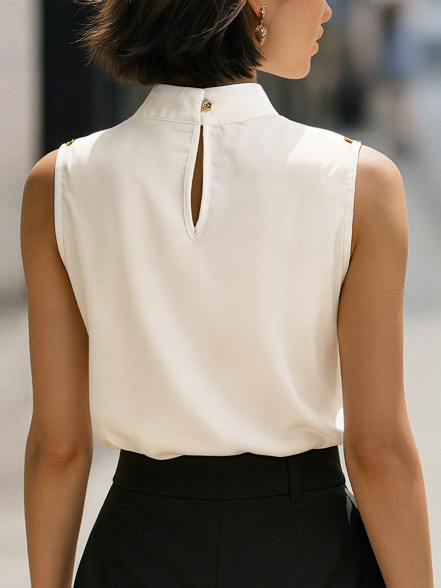 Elegant Ivory Satin High-Neck Sleeveless - Blouse