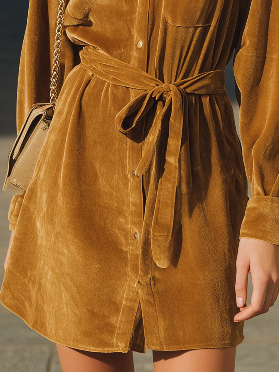 Camel Velvet Button-Front Shirt Dress - Mini Dress