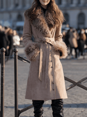 Taupe Belted with Faux-Fur Trim Collar & Cuffs - Coat