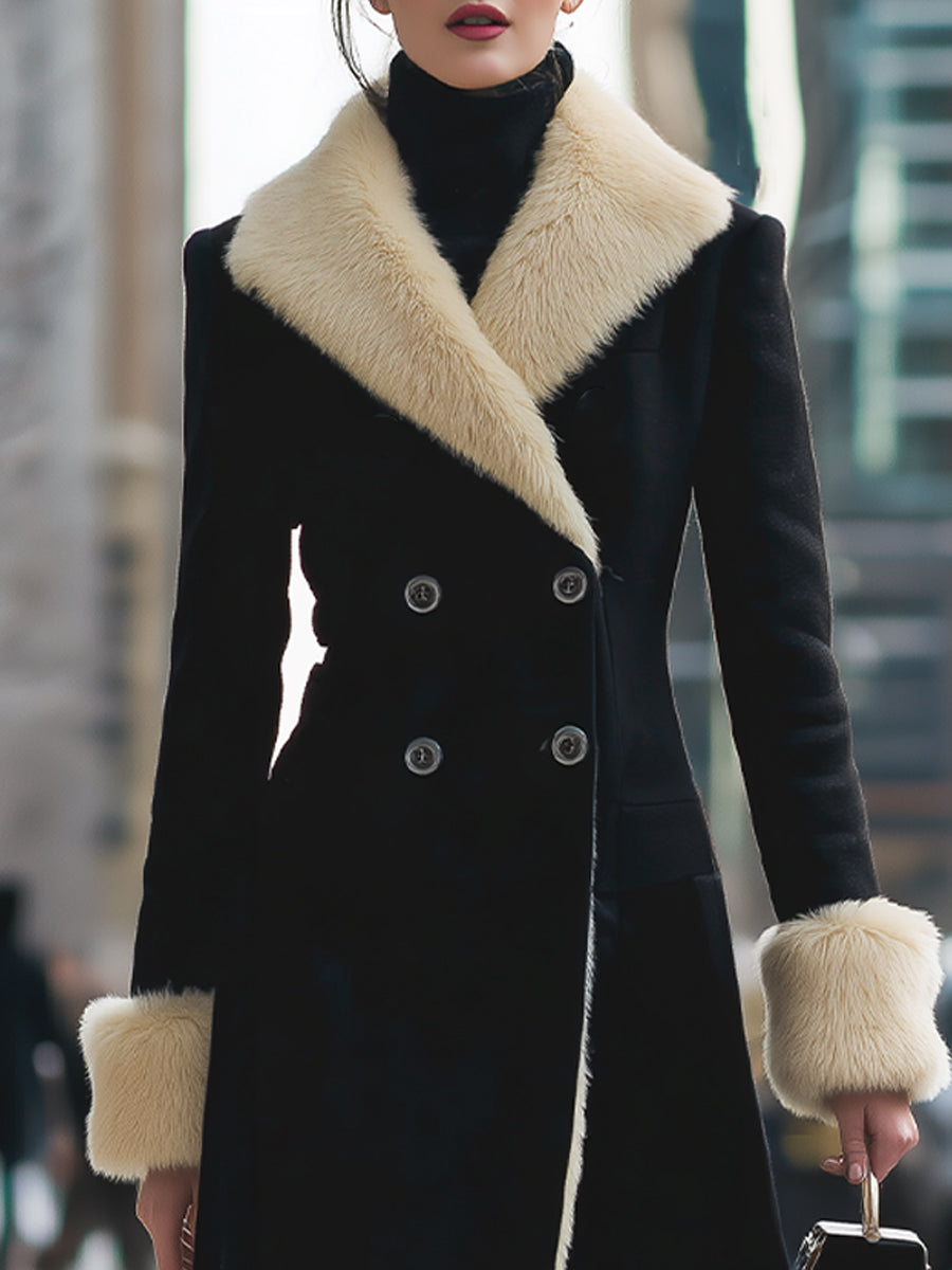 Luxurious Black Coat With Cream Faux Fur Trim - Winter Coat