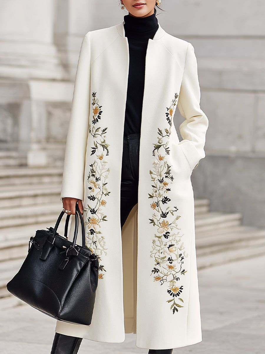 Ivory Embroidered Longline Silhouette - Longline Coat