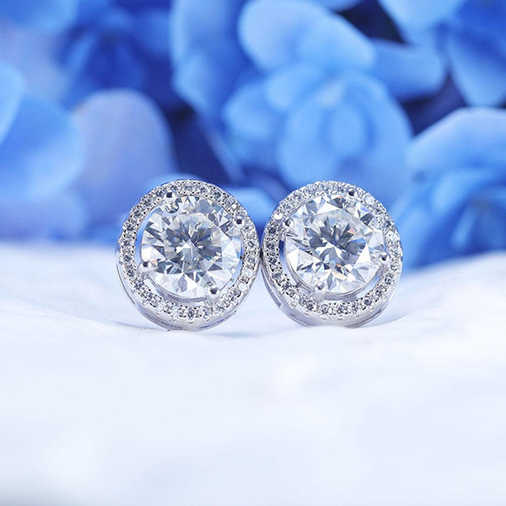 D Color Moissanite Round Cut Halo Design Sterling Silver Stud Earrings Shine of Diamond
