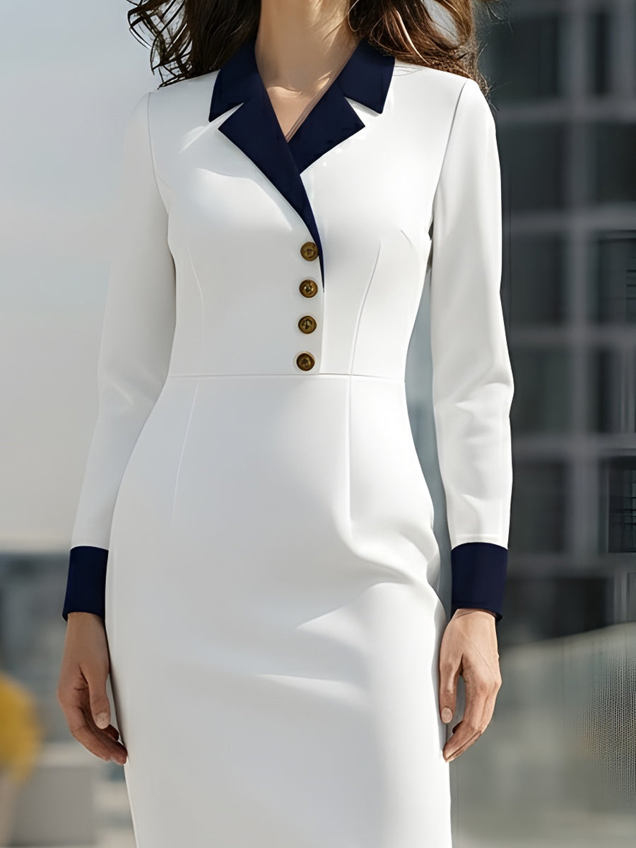 White Contrast Collar Gold-Button Detail - Midi Dress