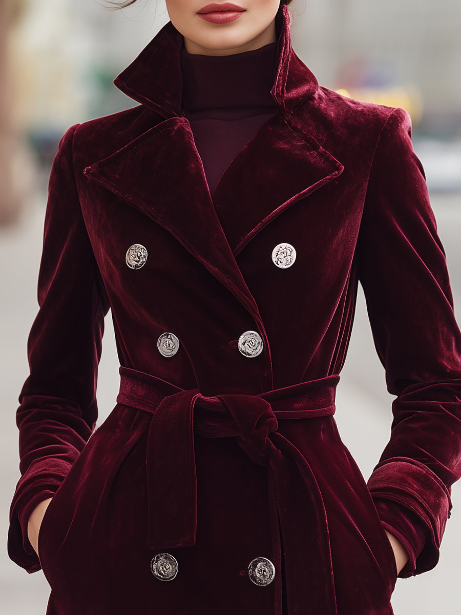 Belted Velvet Double-Breasted - Coat