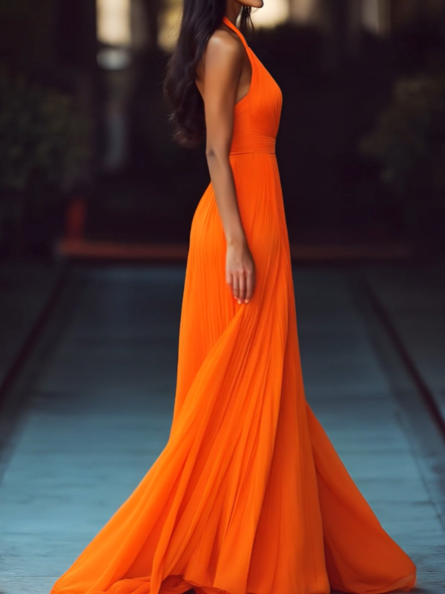 Pleated V-Neck Halter Flowy Sleeveless - Maxi Dress
