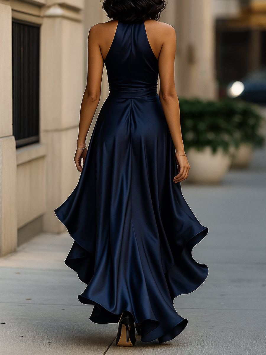 Midnight Satin Halter with Ruffle Detail - Maxi Dress