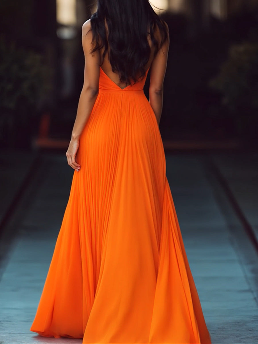 Pleated V-Neck Halter Flowy Sleeveless - Maxi Dress