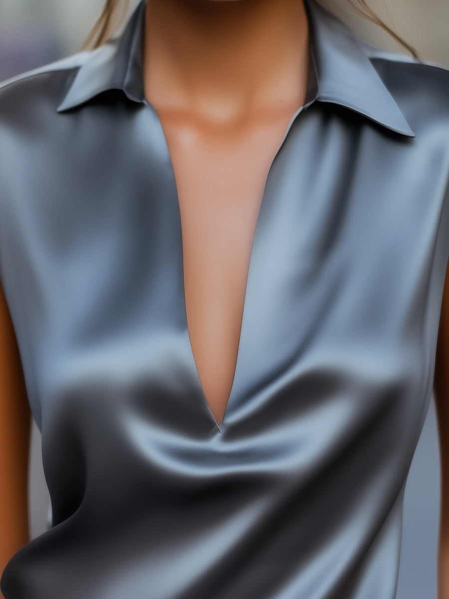 Sleek Gray Satin Plunge V‑Neck - Blouse