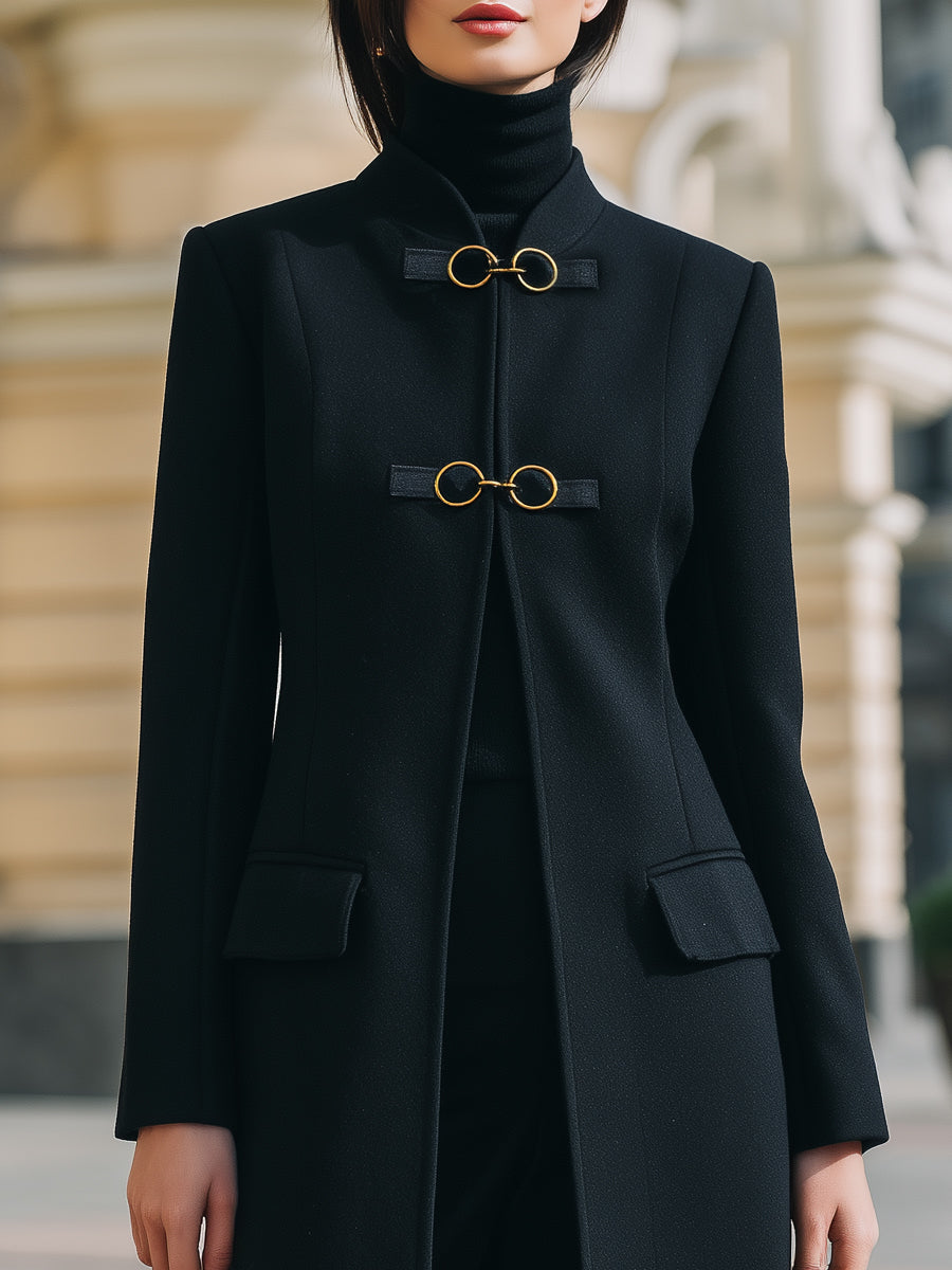 Tailored Wool-Blend Coat With Gold-Clasp Accents - Mid-Length Coat