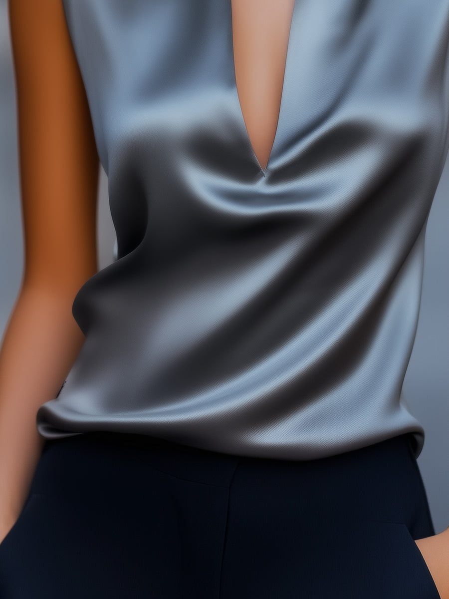 Sleek Gray Satin Plunge V‑Neck - Blouse