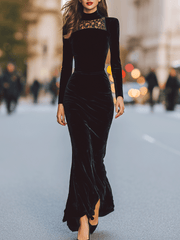 Black Velvet Long Sleeve Lace Yoke - Maxi Dress