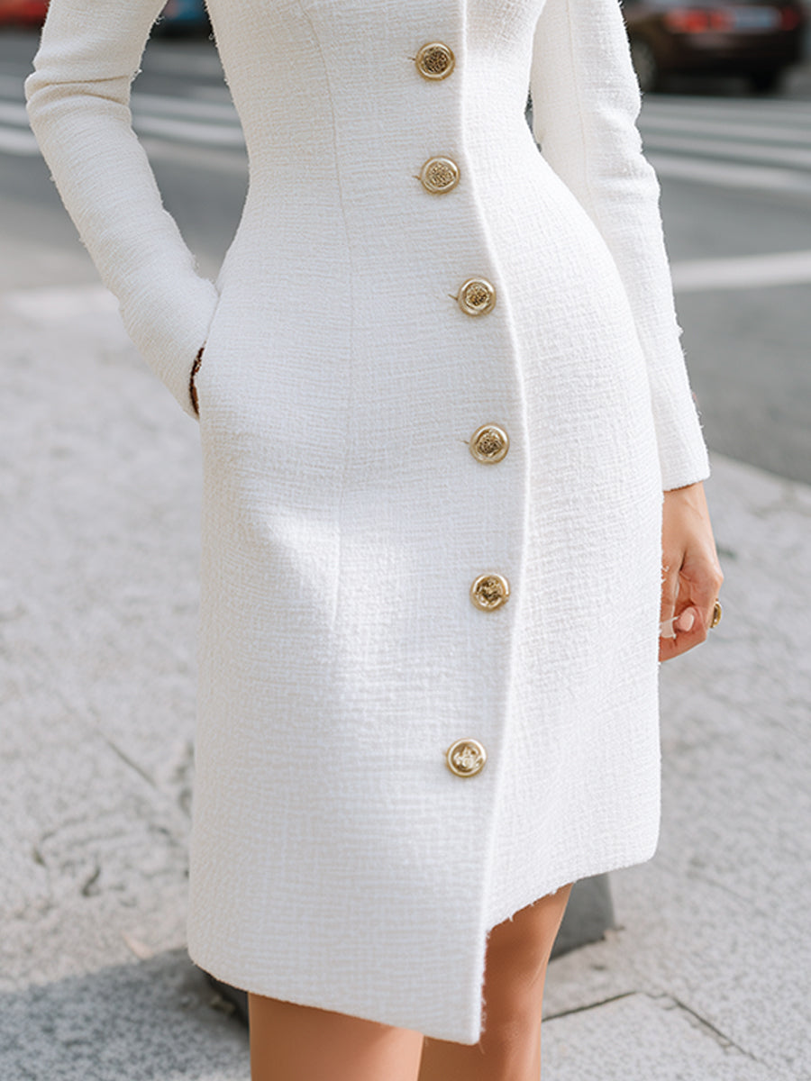 Regal White High-Neck Button Detail - Midi Dress