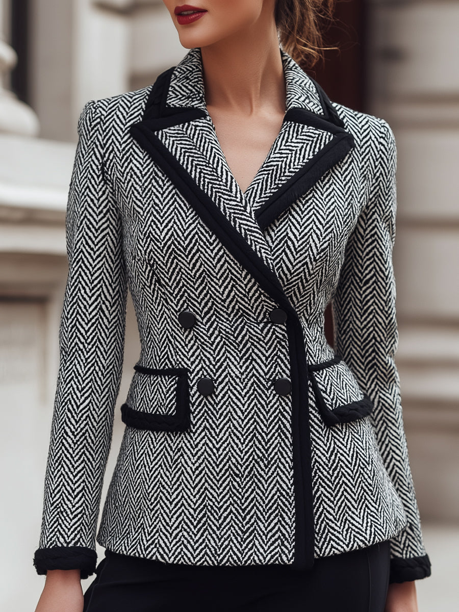 Herringbone Wool-Blend Contrast Trim - Blazer