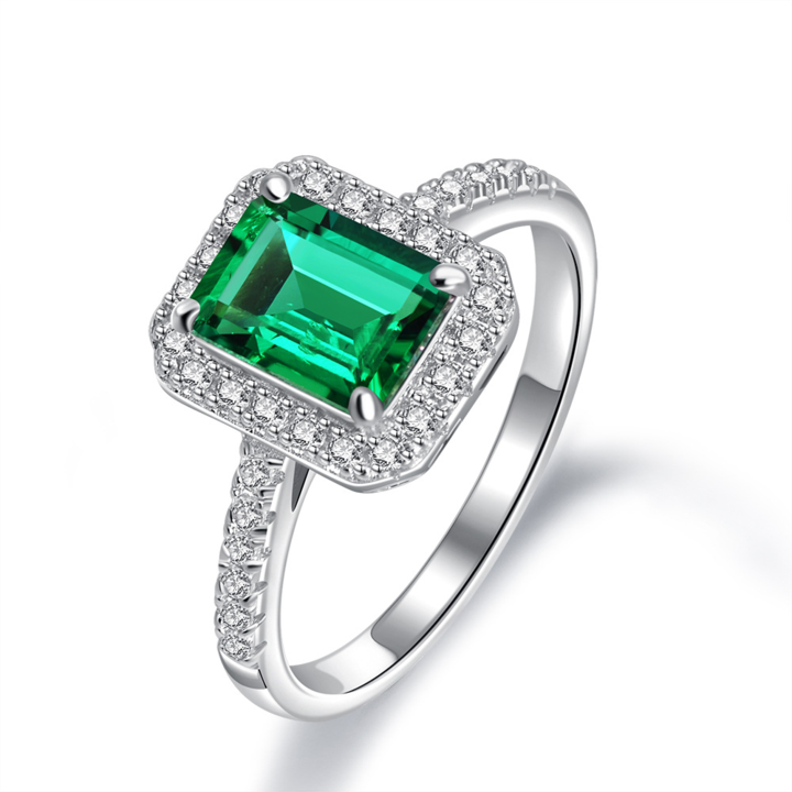 Emerald Green Halo Sterling Silver Engagement Ring Shineofidamond