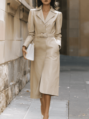 Beige Belted Faux Leather Trench-Style - Midi Dress