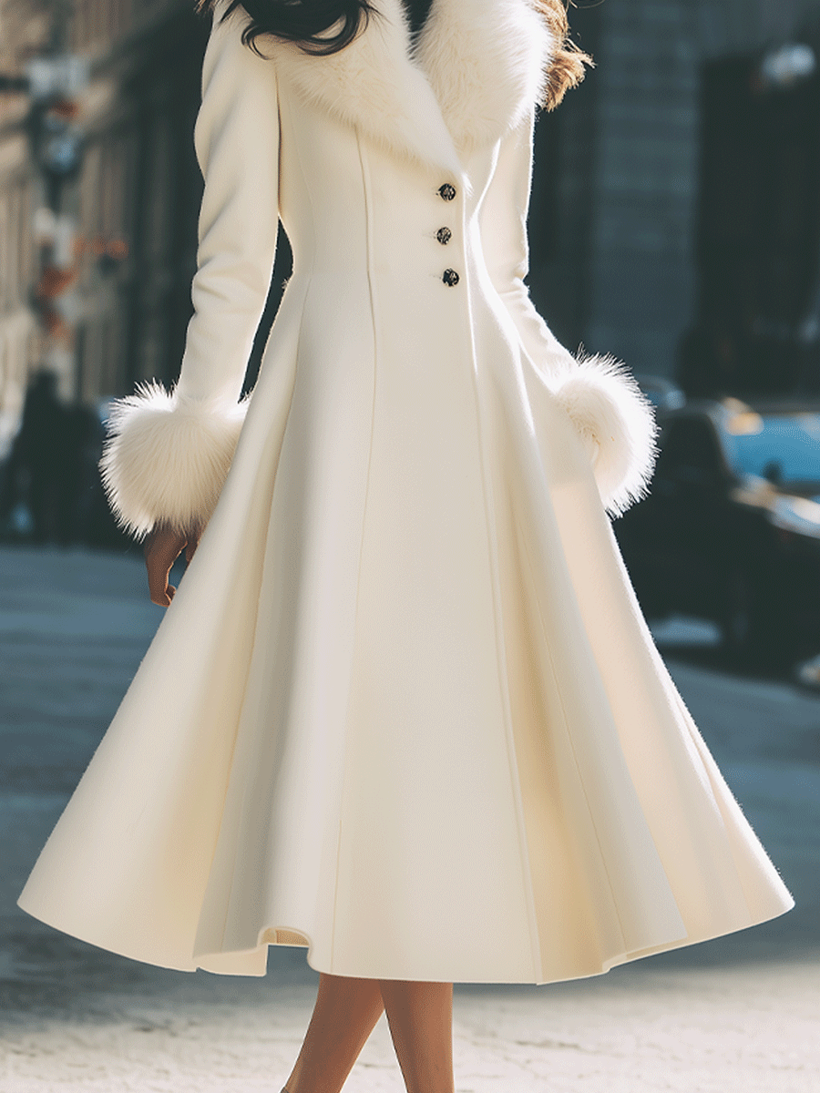 Ivory Flared Coat with Faux Fur Collar & Cuffs - Coat