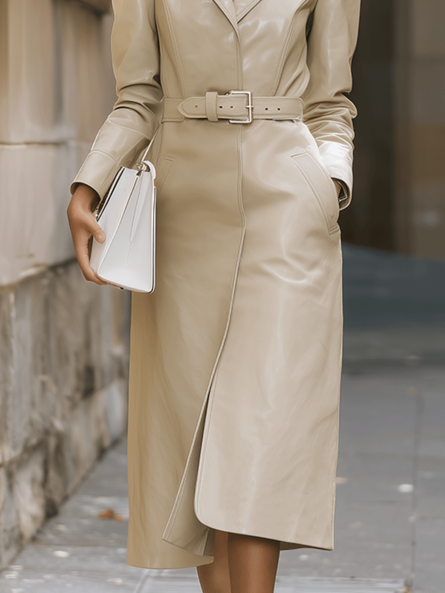 Beige Belted Faux Leather Trench-Style - Midi Dress
