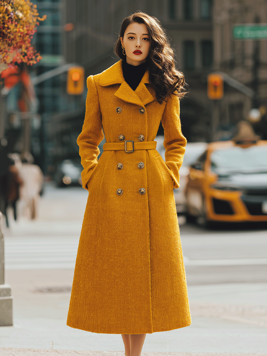 Mustard Double-Breasted Belted Coat-Style - Midi Dress