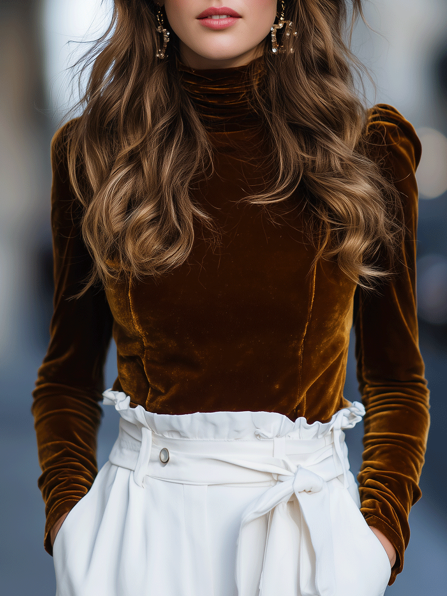 Burnt Caramel Velvet Turtleneck Top XYS