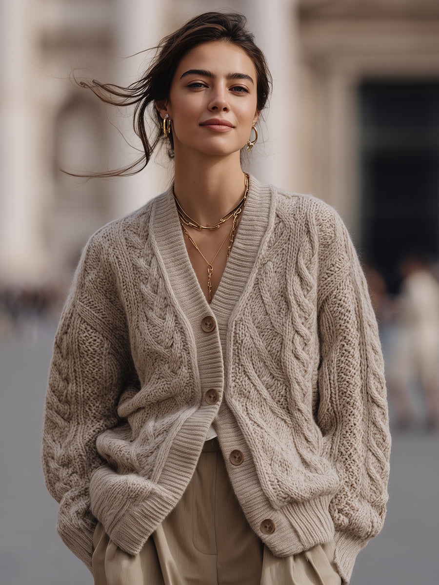 Oversized Chunky Cable Knit Button-Front - Cardigan