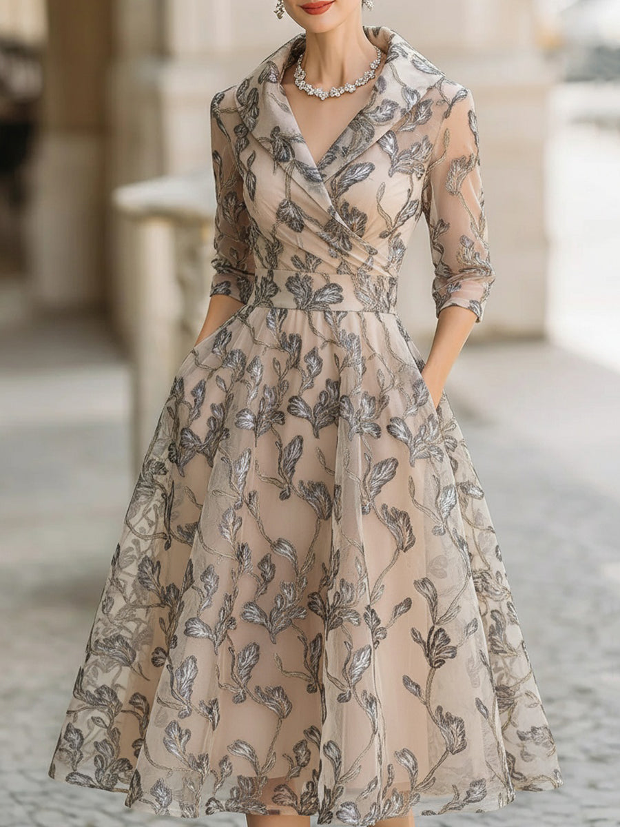 Embroidered Metallic Leaf Mesh Midi Dress - Midi Dress
