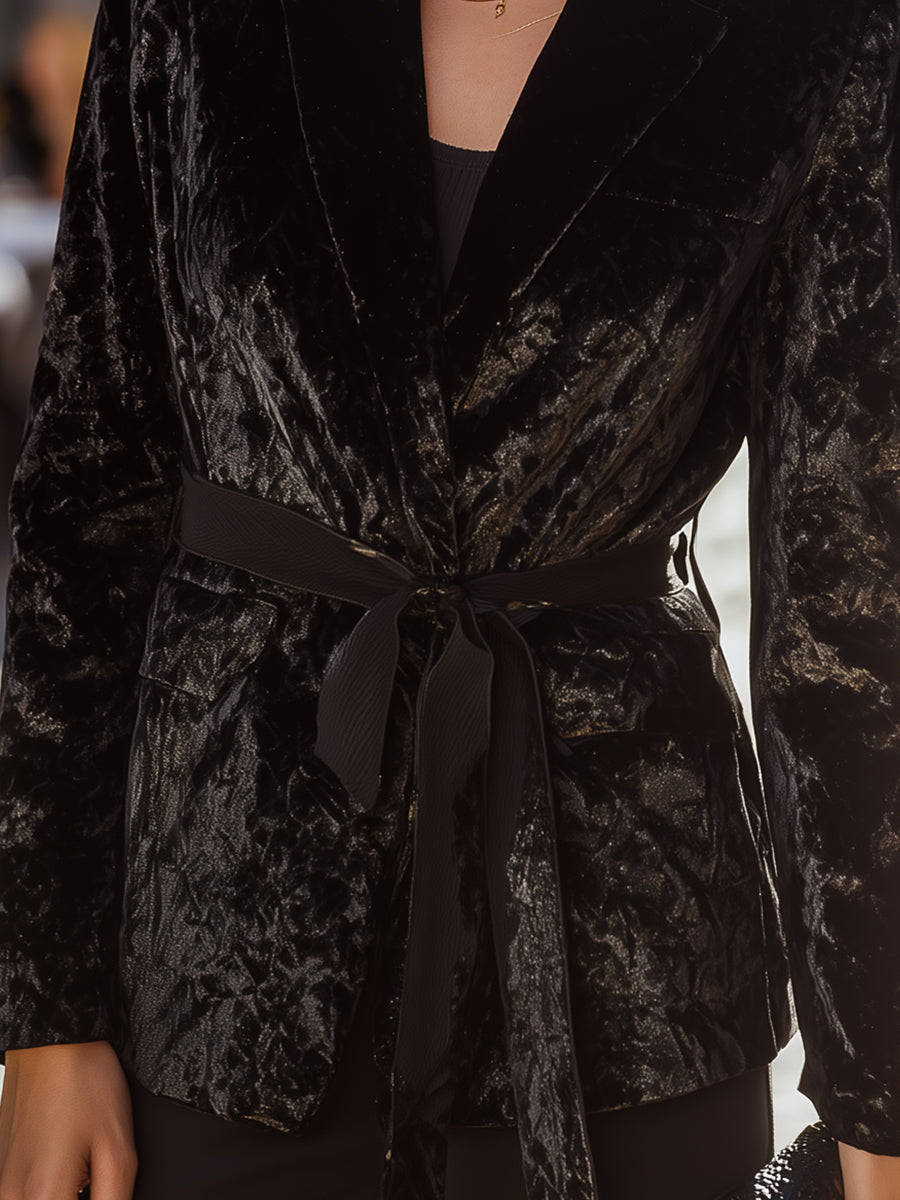 Women's Black Velvet Belted Tailored Blazer - Blazer