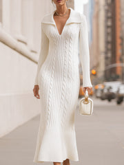 Elegant White Cable-Knit Sweater Style - Midi Dress