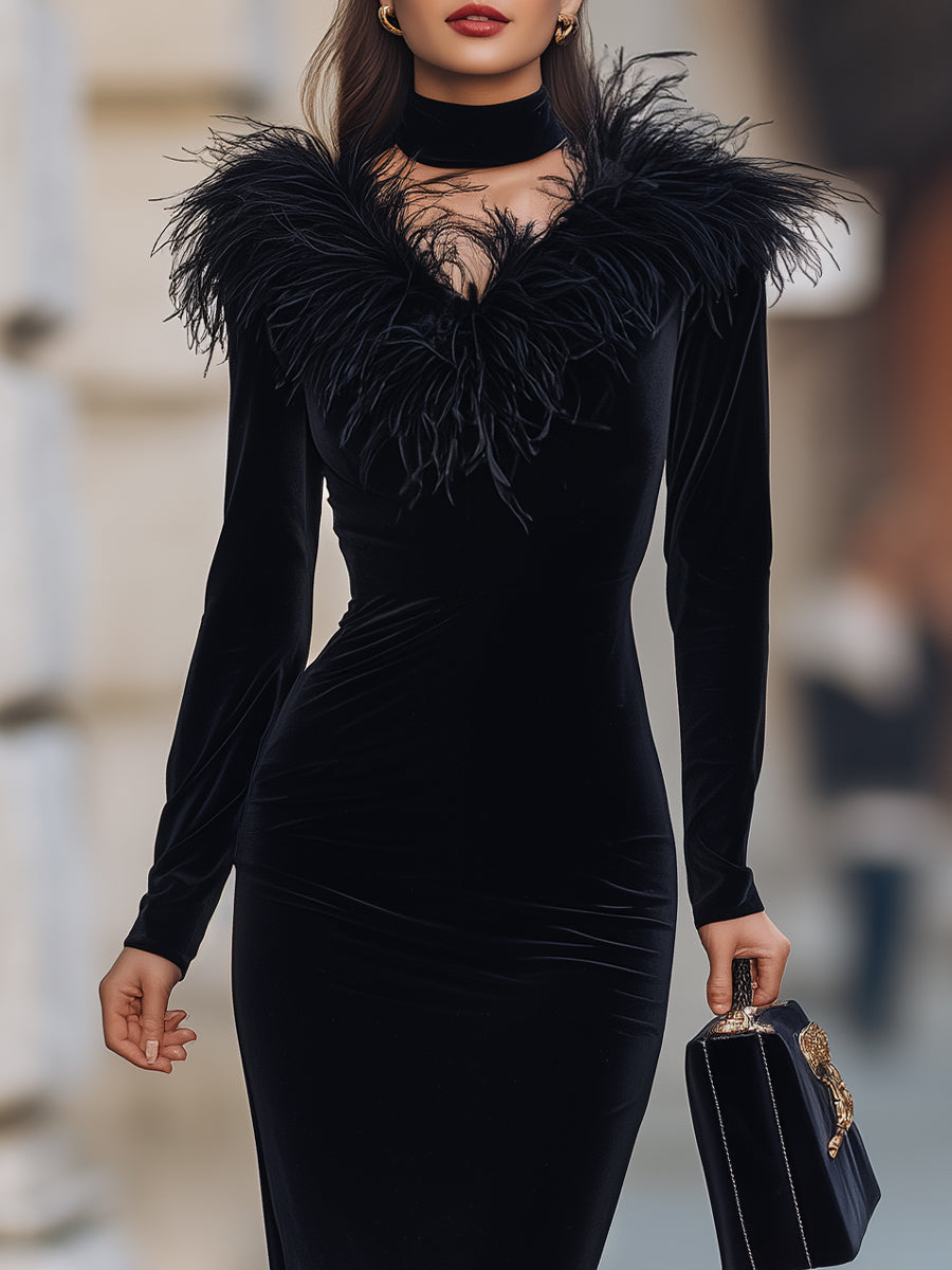 Glamorous Black Velvet Feather-Trim Evening Gown - Maxi Dress