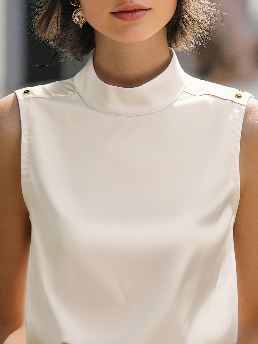 Elegant Ivory Satin High-Neck Sleeveless - Blouse