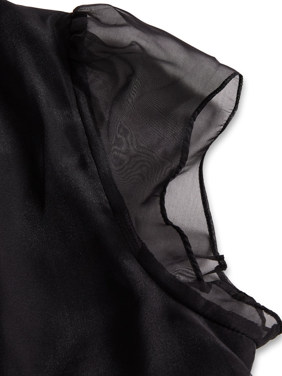 Elegant Black High-Neck Sheer Chiffon - Blouse