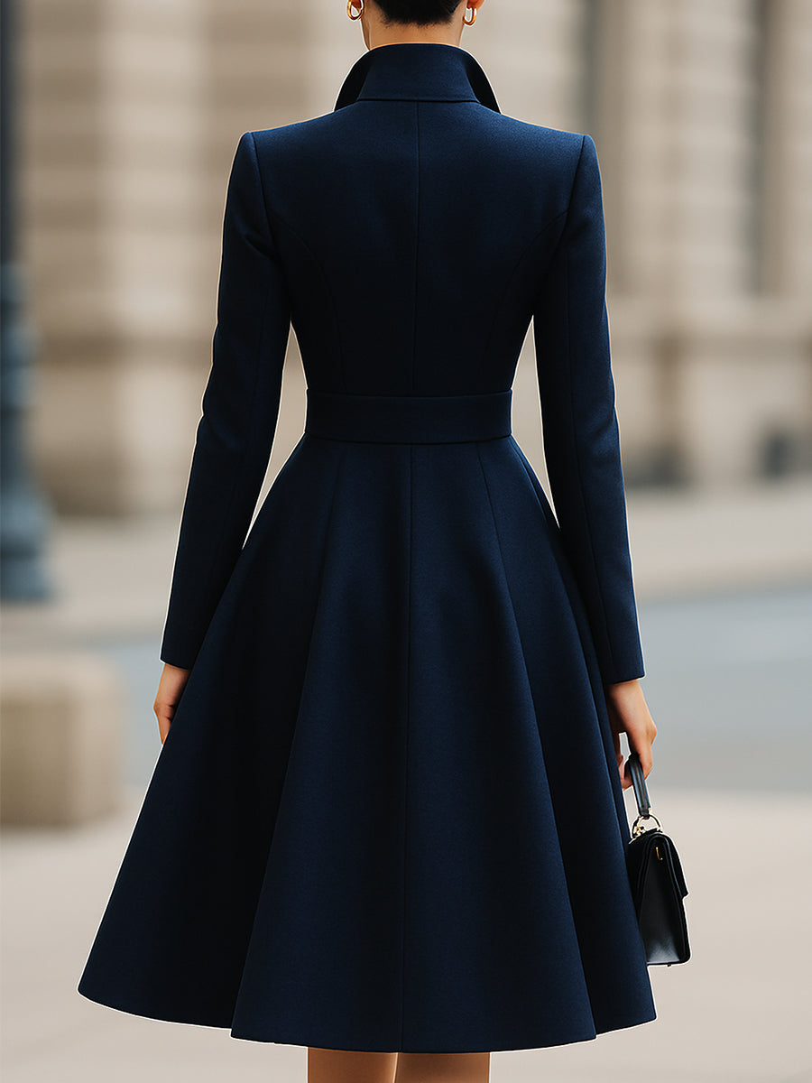 Elegant Navy Blue Tailored-Fit Flared Coat Dress - Midi Dress