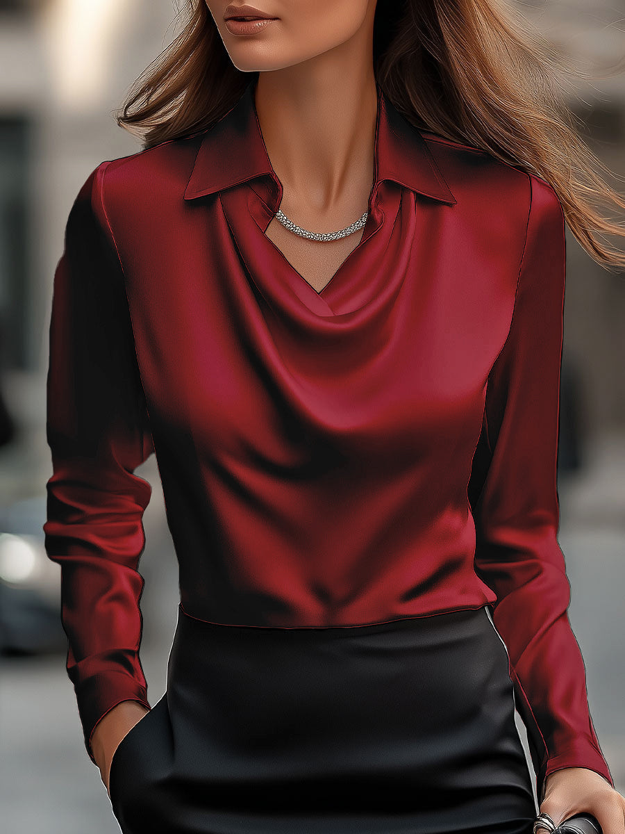 Elegant White Satin Draped Neckline - Women's Blouse