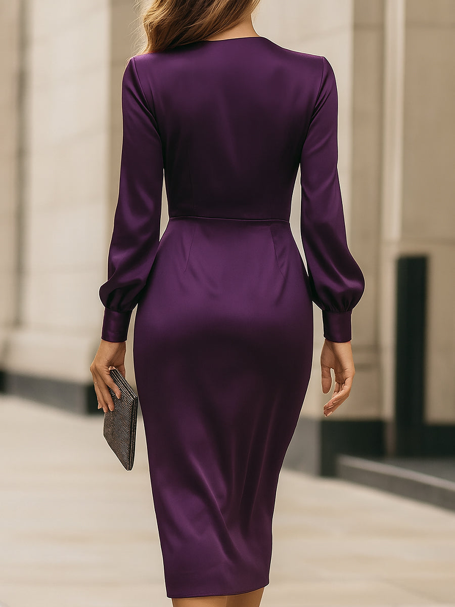 Deep Plum Satin Wrap with Tie Waist - Midi Dress