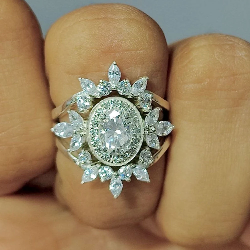Crown Design Oval Cut Cluster Sterling Silver Bridal Ring Set hot