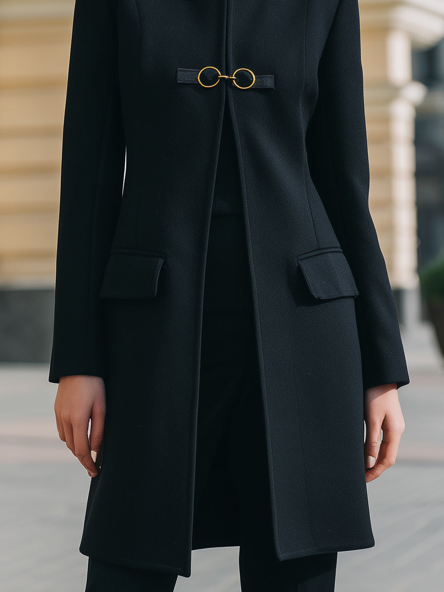 Tailored Wool-Blend Coat With Gold-Clasp Accents - Mid-Length Coat